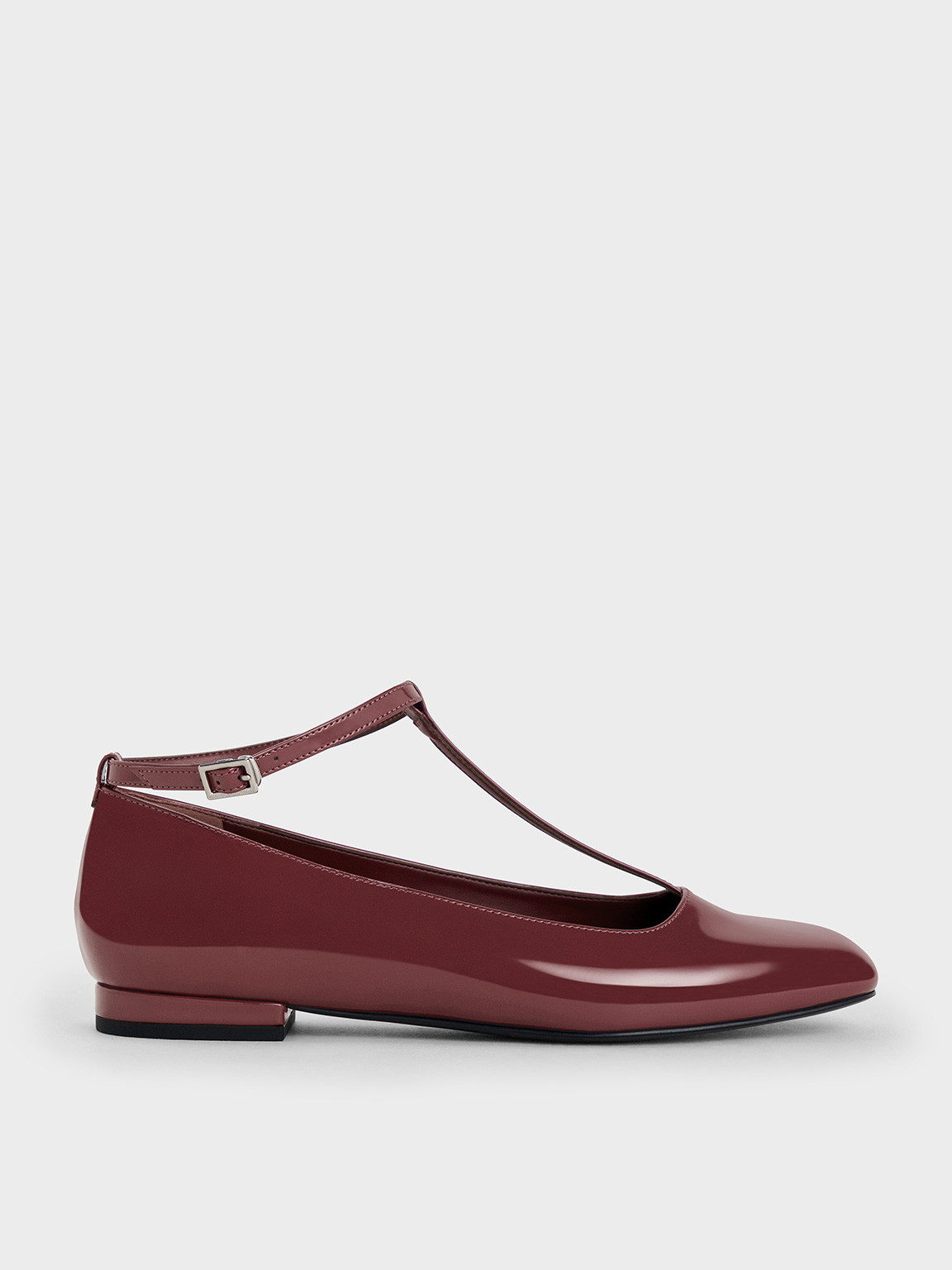 Burgundy Patent T-Bar Ankle-Strap Ballet Flats | CHARLES & KEITH UK | Charles & Keith UK