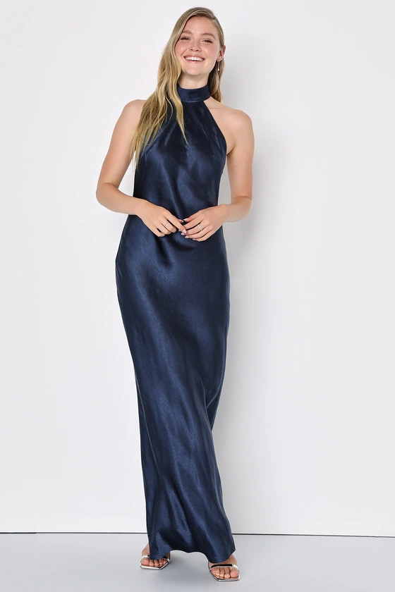 Love in Your Life Navy Blue Satin Halter Maxi Dress | Lulus