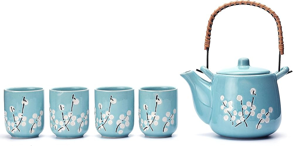 Mose Cafolo Japanese Tea Set Teal with White Plum-Flower Ceramic Tetsubin Teapot & 4 Teacups, Sta... | Amazon (US)