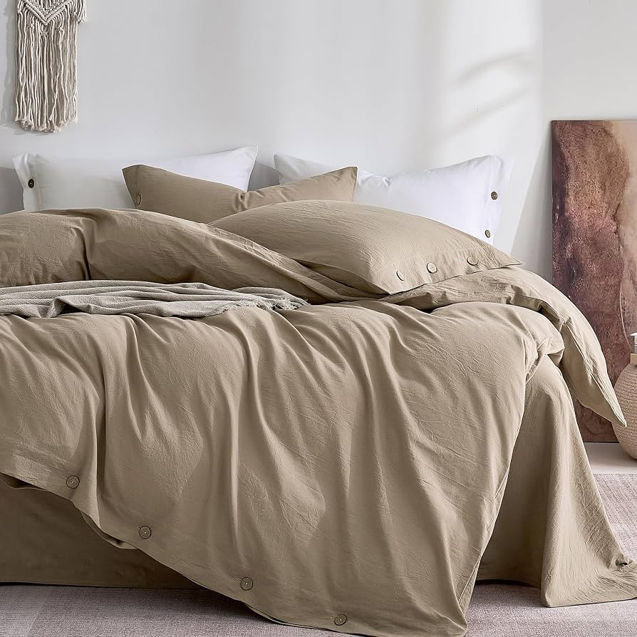 JELLYMONI 100% Washed Cotton Dusty Khaki Duvet Cover Full, Linen-Like | Amazon (US)