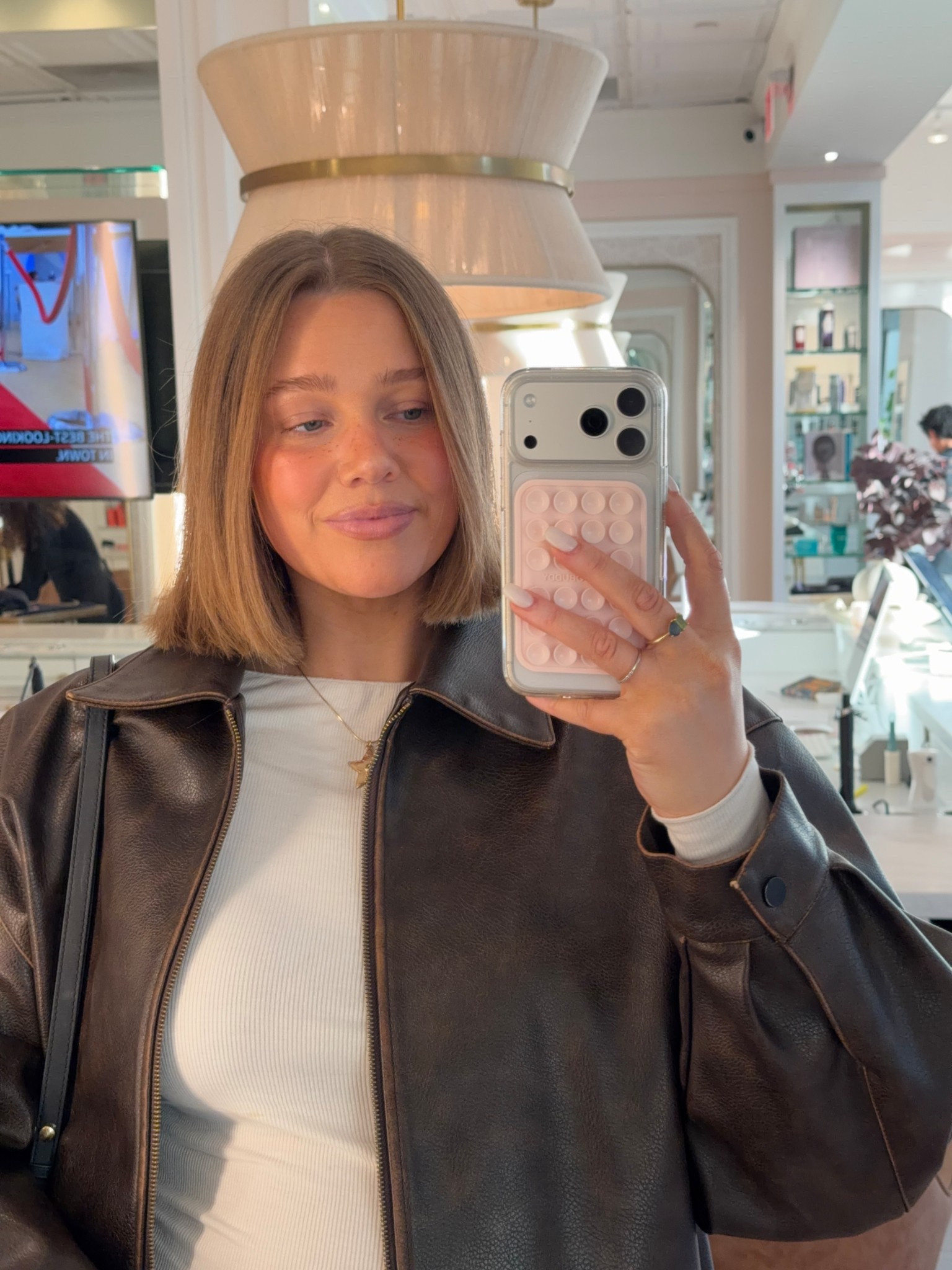 Love this star necklace and tee is from target perfect stretchy ribbed long sleeve - true to size  Jacket linked most similar! 

#shorthair #wearbracha #targetstyle #leatherjacket #revolve