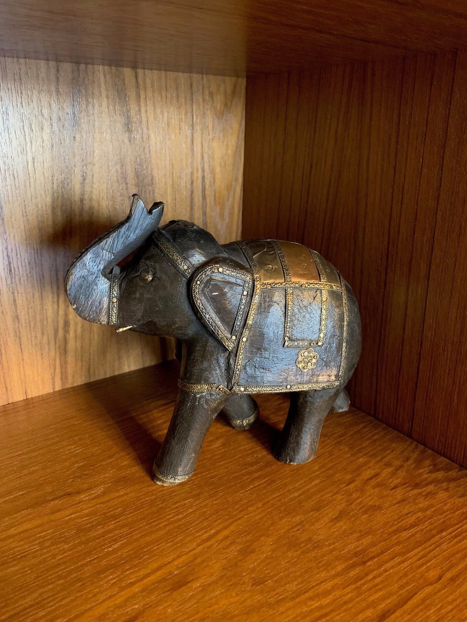 Vintage Wooden Elephant with Brass & Copper details/ Carved Elephant Figurine / 6.5" tall | Etsy (US)