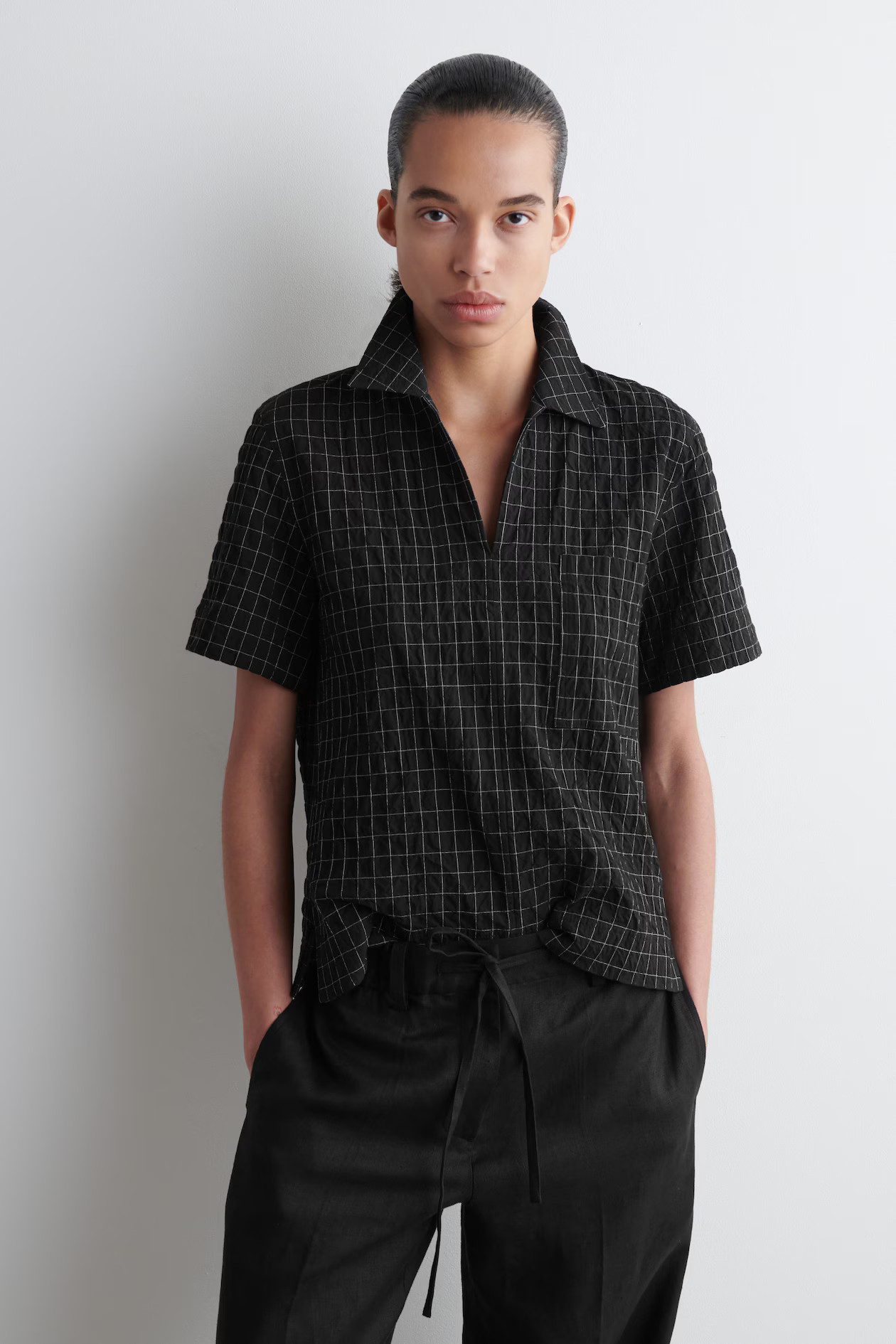 OPEN-COLLAR CHECKED COTTON SHIRT - BLACK / CHECKED | COS | COS UK