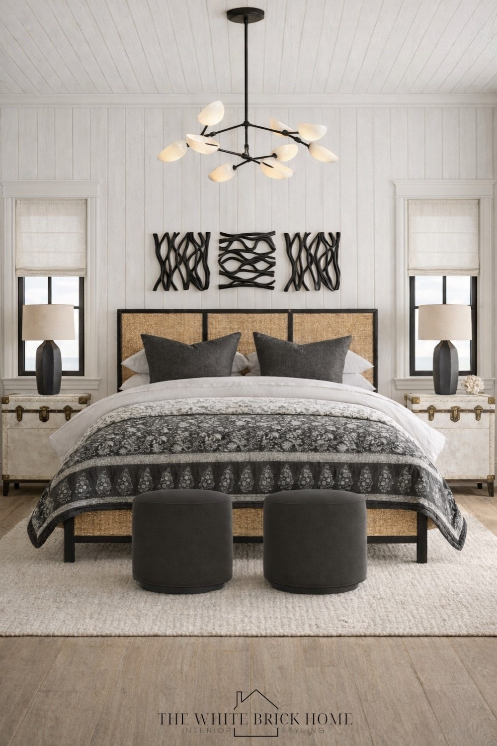 A serene modern coastal retreat with beach white paneling, a warm woven bed, and sculptural lighting for an effortlessly elevated bedroom. 
🖤🖤
Bed, bedroom, bedroom design, bedroom ideas, bedroom furniture, bedroom wall art, bedroom rug, bedroom decor, bedroom idea, lighting, bedroom lamp, bedroom decor, coastal bedroom, coastal room decor, coastal room design, ottoman, nightstands, area rug, bedroom rug, Serena and Lily, pottery barn, wayfair 


#LTKHome #LTKSaleAlert #LTKSeasonal