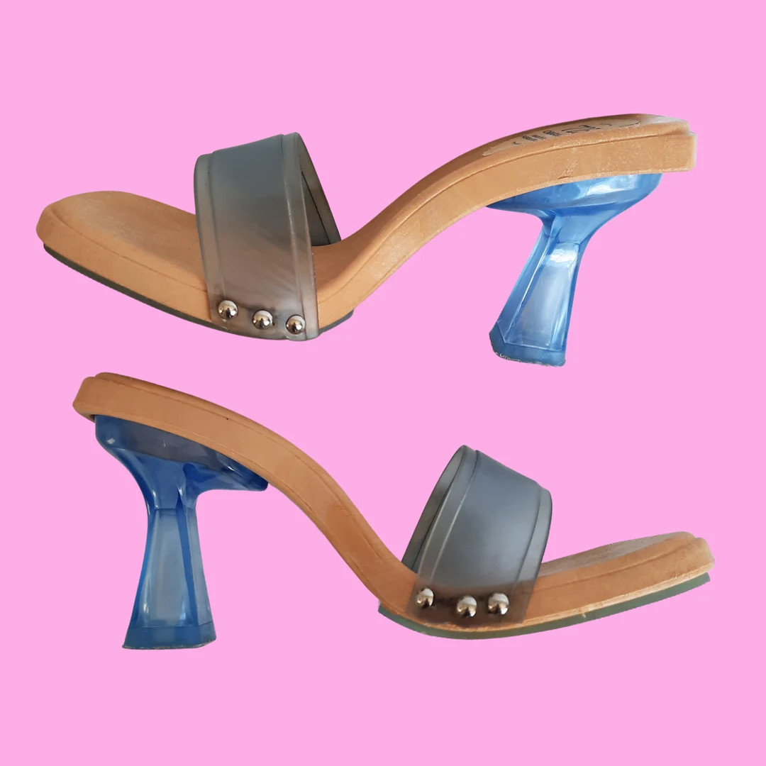 Vintage 90s Y2K Clear Plastic PVC Mules Faux Wood Transparent Blue Sandals Heels US 6 EUR 37 - Et... | Etsy (CAD)