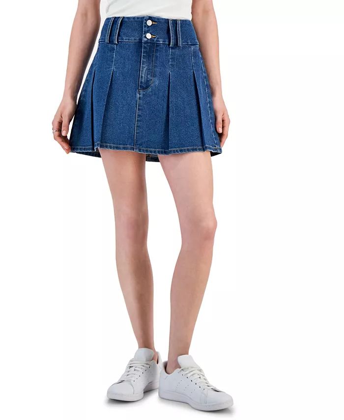 Tinseltown Juniors' Pleated Double-Button Denim Mini Skirt - Macy's | Macy's
