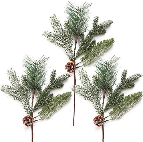 3Pcs 16Inch Snowy Christmas Tree Picks Sprays Artificial Pine Needles Branches Pinecones Flocked Gre | Amazon (US)