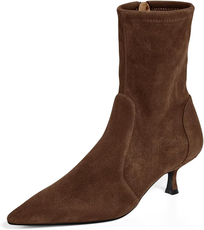 Coutgo Womens Low Kitten Heel Ankle Boots Pointed Toe Booties Side Zipper Fall Shoes | Amazon (US)