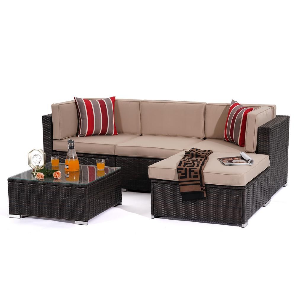 maocao hoom 5-Piece Wicker Outdoor Sectional Rattan Conversation Set with Beige Cushion | The Home Depot