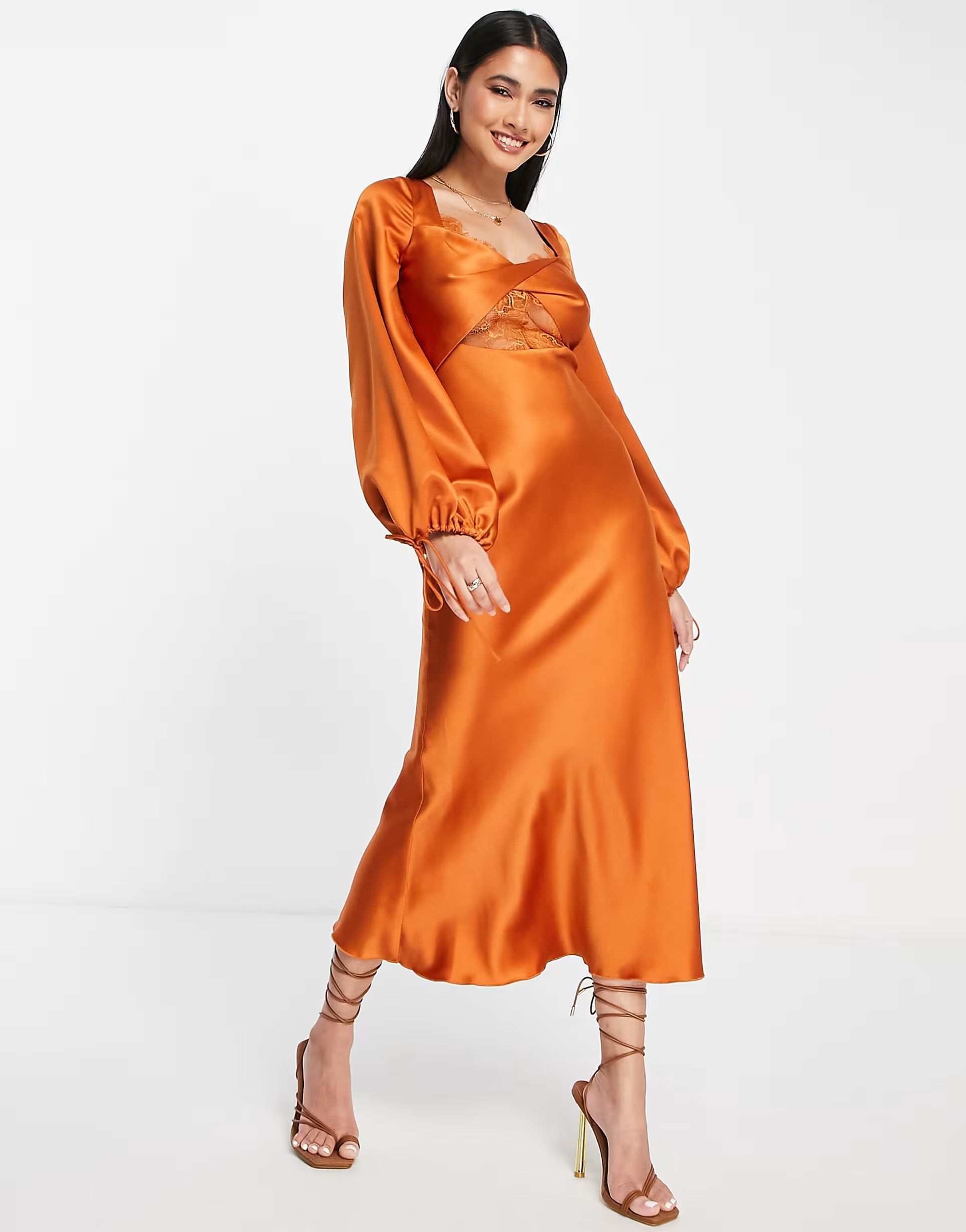 ASOS DESIGN bias satin long sleeve midi dress with delicate lace detail and twist front detail in... | ASOS (Global)