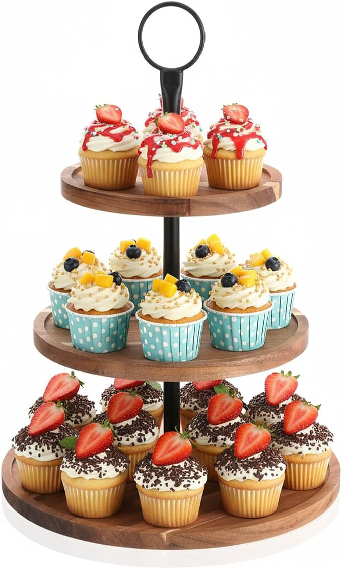 3 Tier Cupcake Stand, Round Wooden Cupcake Display Stand with Metal Handle, Wood Tiered Serving T... | Amazon (US)