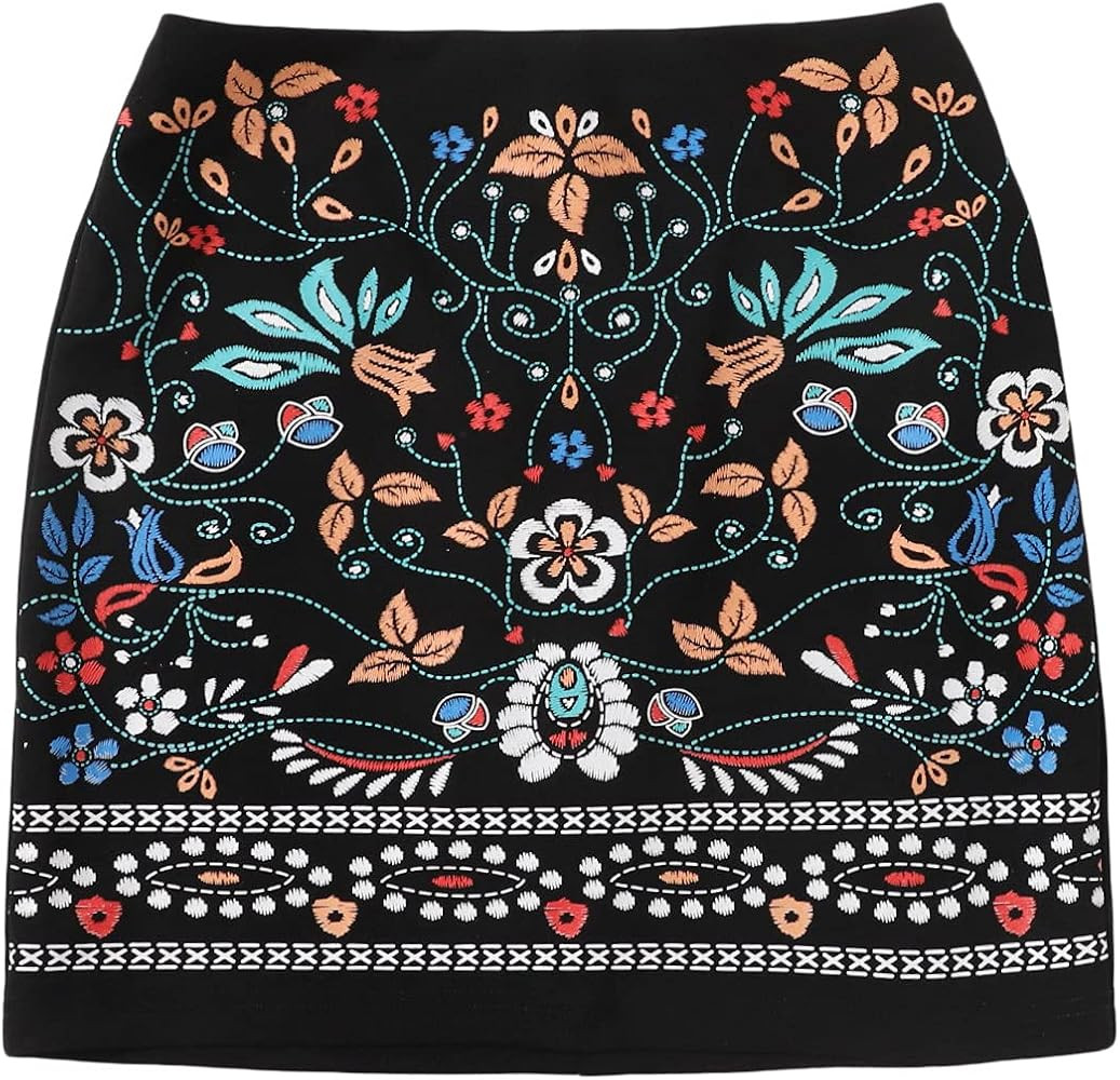 Floerns Women's Boho Floral Embroidered Casual Bodycon Short Mini Skirt | Amazon (US)