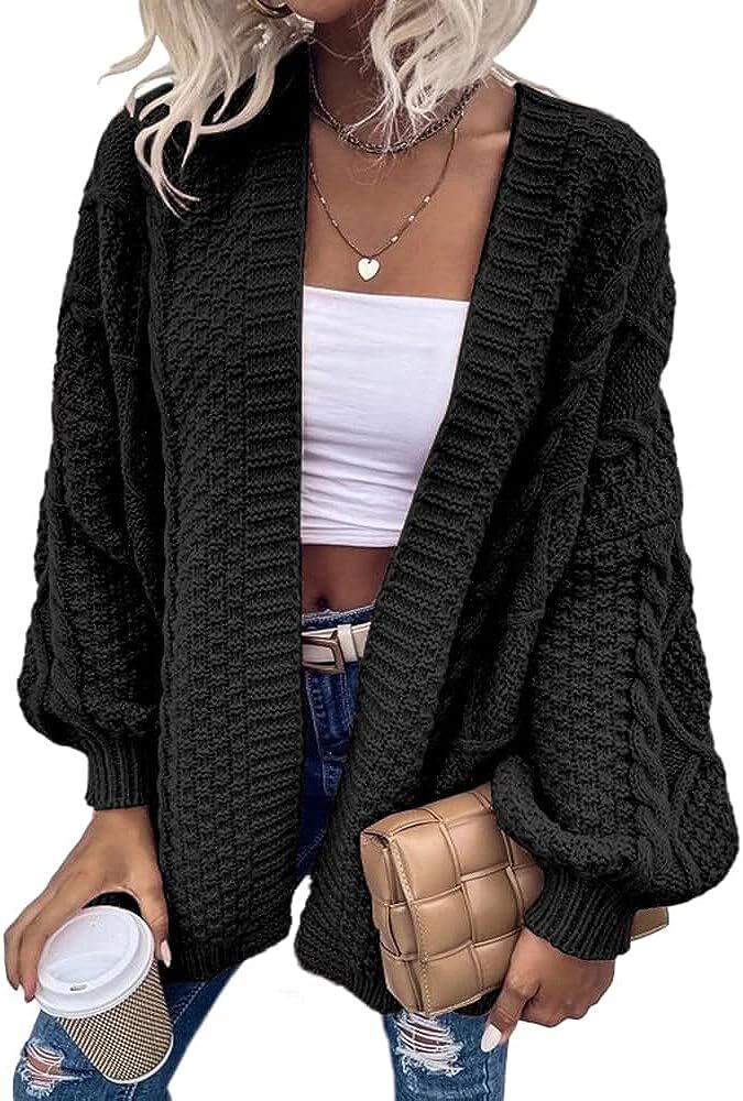 Dyexces Women's Cable Knit Cardigan Sweater Loose Open Front Long Lantern Sleeves Chunky Sweaters | Amazon (US)