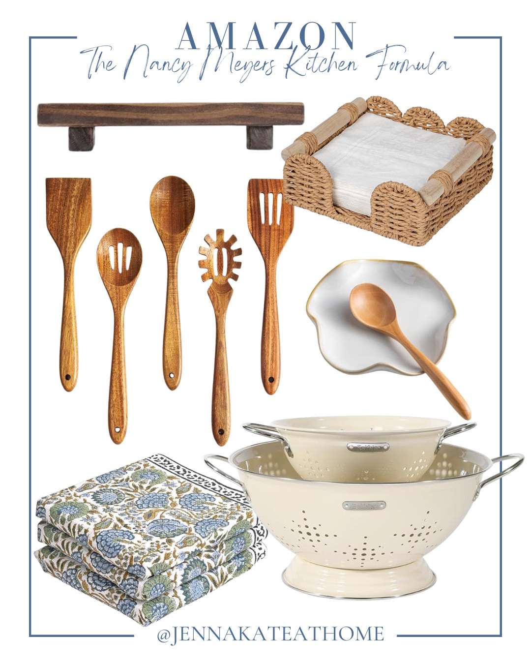 Nancy Meyer’s kitchen must haves include strainer set, napkins, spoon rest, wooden utensils, rattan napkin holder, and wooden pedestal tray.

Home decor, kitchen decor, looks for less, coastal kitchen

#LTKHome #LTKSaleAlert #LTKSeasonal