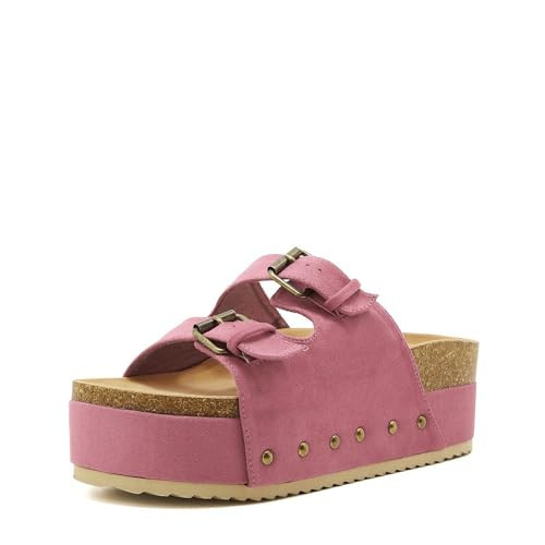 Moyilishan Women's Suede Platform Sandals Comfortable Cork Footbed Studded Flatform Sandals Adjustable Buckle Straps Flat Clogs Slide Sandals Pink Size 10 | Amazon (US)