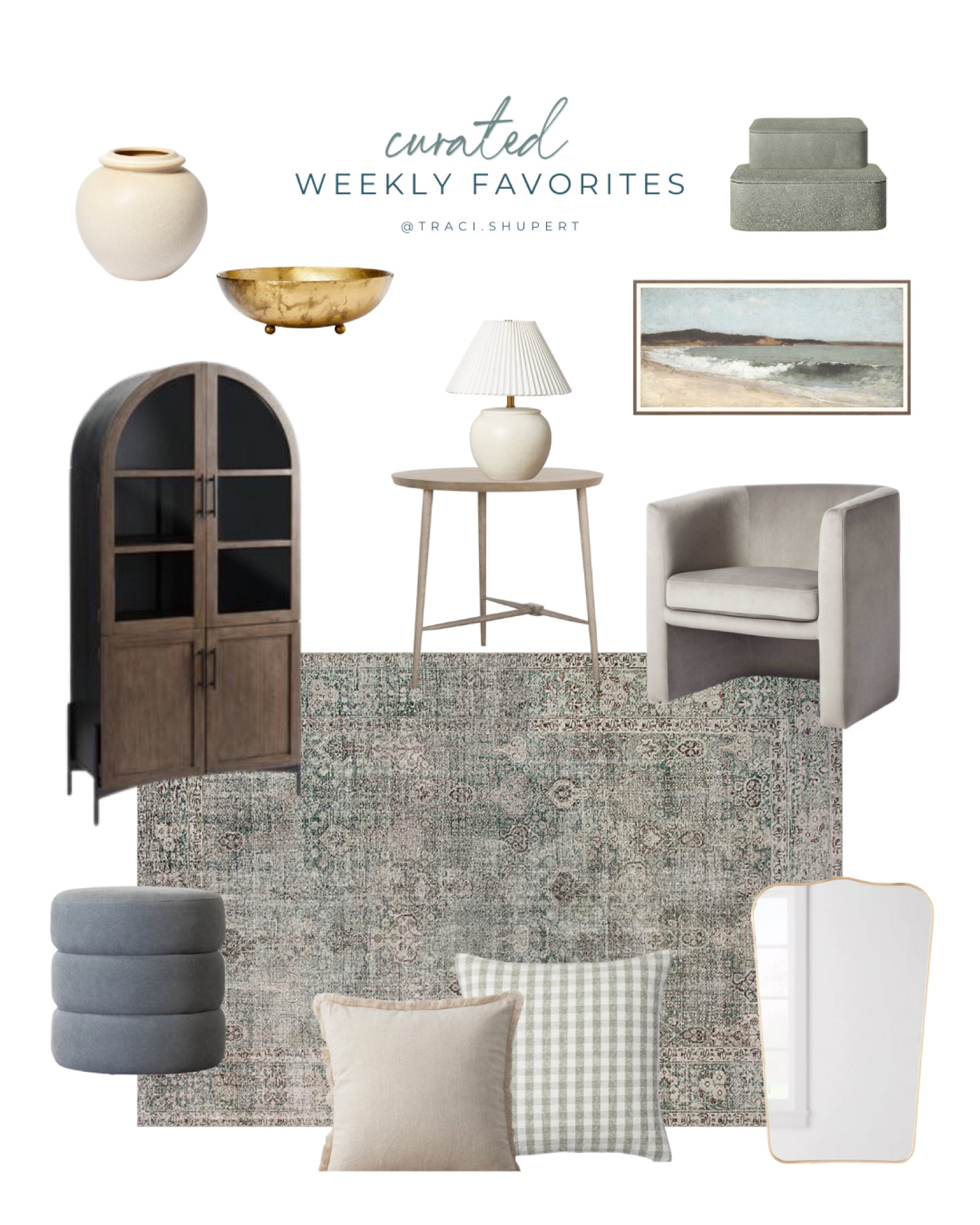 Loloi, Chris Loves Julia, McGee & Co., arched cabinet, vintage art, ottoman, mirror, side table, vase

#LTKFind #LTKfamily #LTKhome