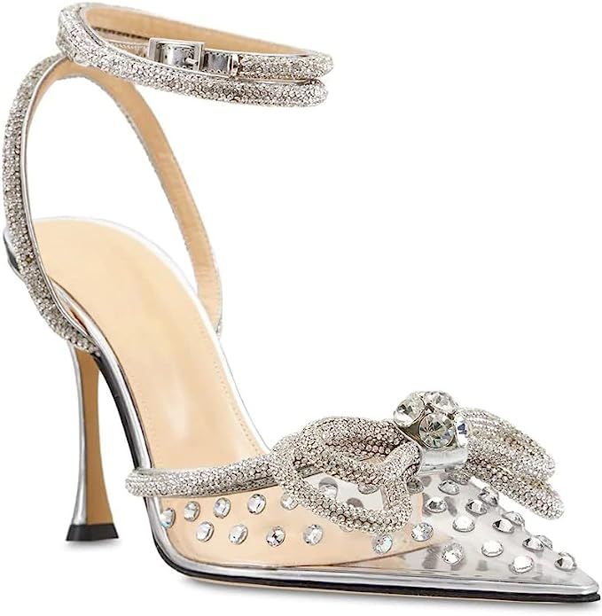Amazon.com: MissHeel Clear Rhinestone Ankle Strap Pumps Heels with Crystal Double Bows 3 inch : C... | Amazon (US)