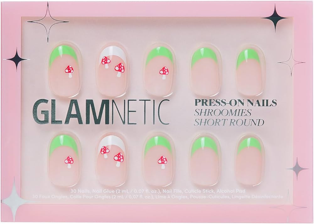 Glamnetic Press On Nails - Shroomies | Glossy Finish Short Round Green French Tip Nails with Mush... | Amazon (US)