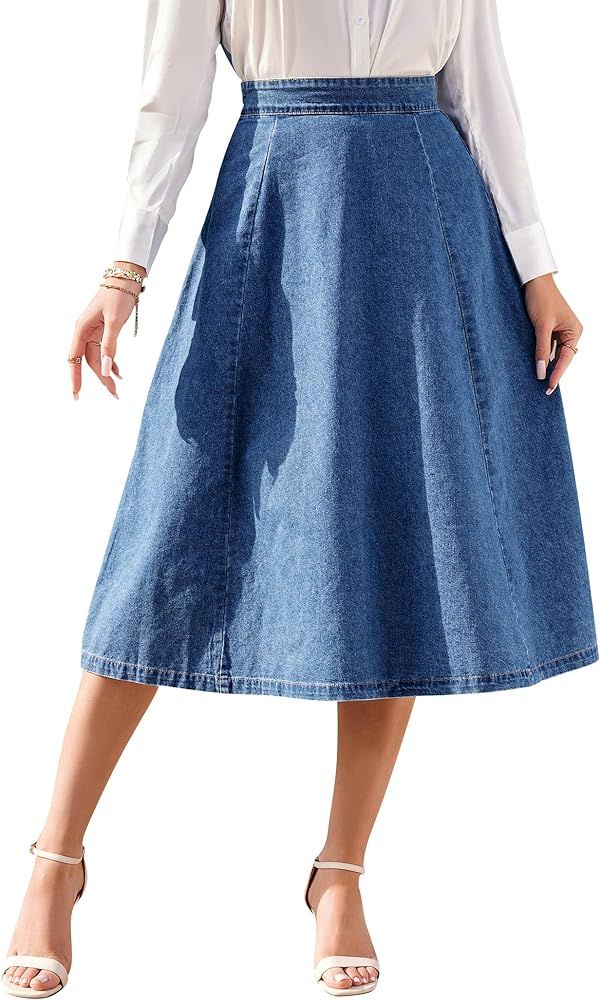 SDEER Women's Denim A Line Skirt Casual Stretch High Waist Flared Midi Jean Skirts | Amazon (US)
