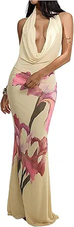 Floerns Women's Floral Deep V Neck Halter Dress Fishtail Draped Open Back Party Maxi Dresses | Amazon (US)