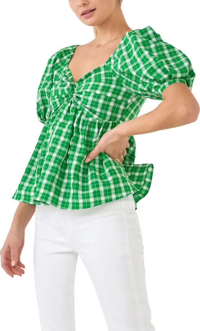 Twist Front Gingham Puff Sleeve Top | Nordstrom
