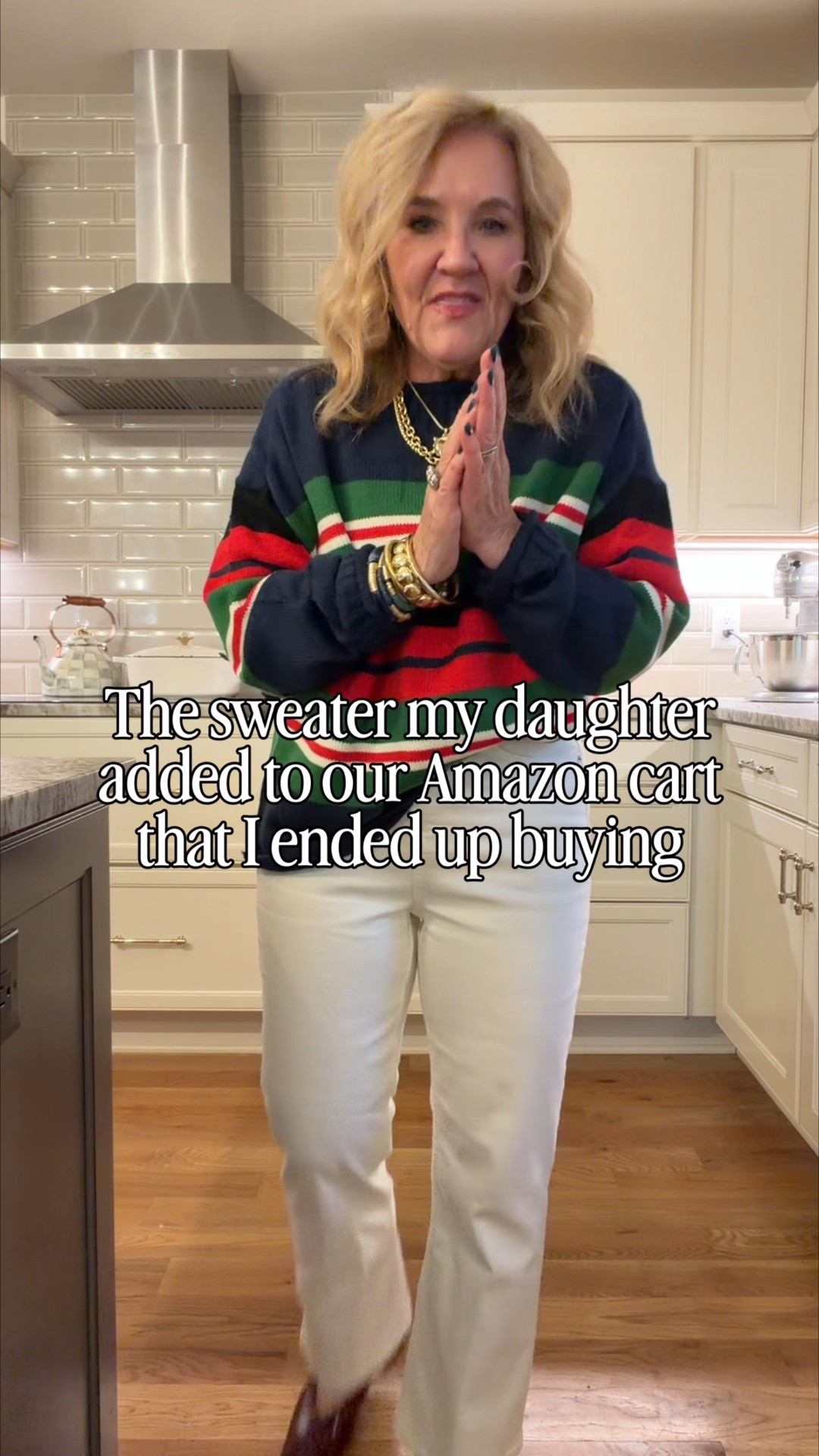 Amazon sweater inspired by JCREW 
This sweater the colors are fantastic. But it’s a polyester blend. No cotton. If you want 100% cotton order the original from JCREW. 
Jeans are ecru from spanx. Size up 2 sizes! I’m in a 12. Great tummy control and comfortable. Functional zipper and button  
20% off my jewelry code NANETTE20
#LTKOver40 #LTKFindsUnder100 #LTKPetite