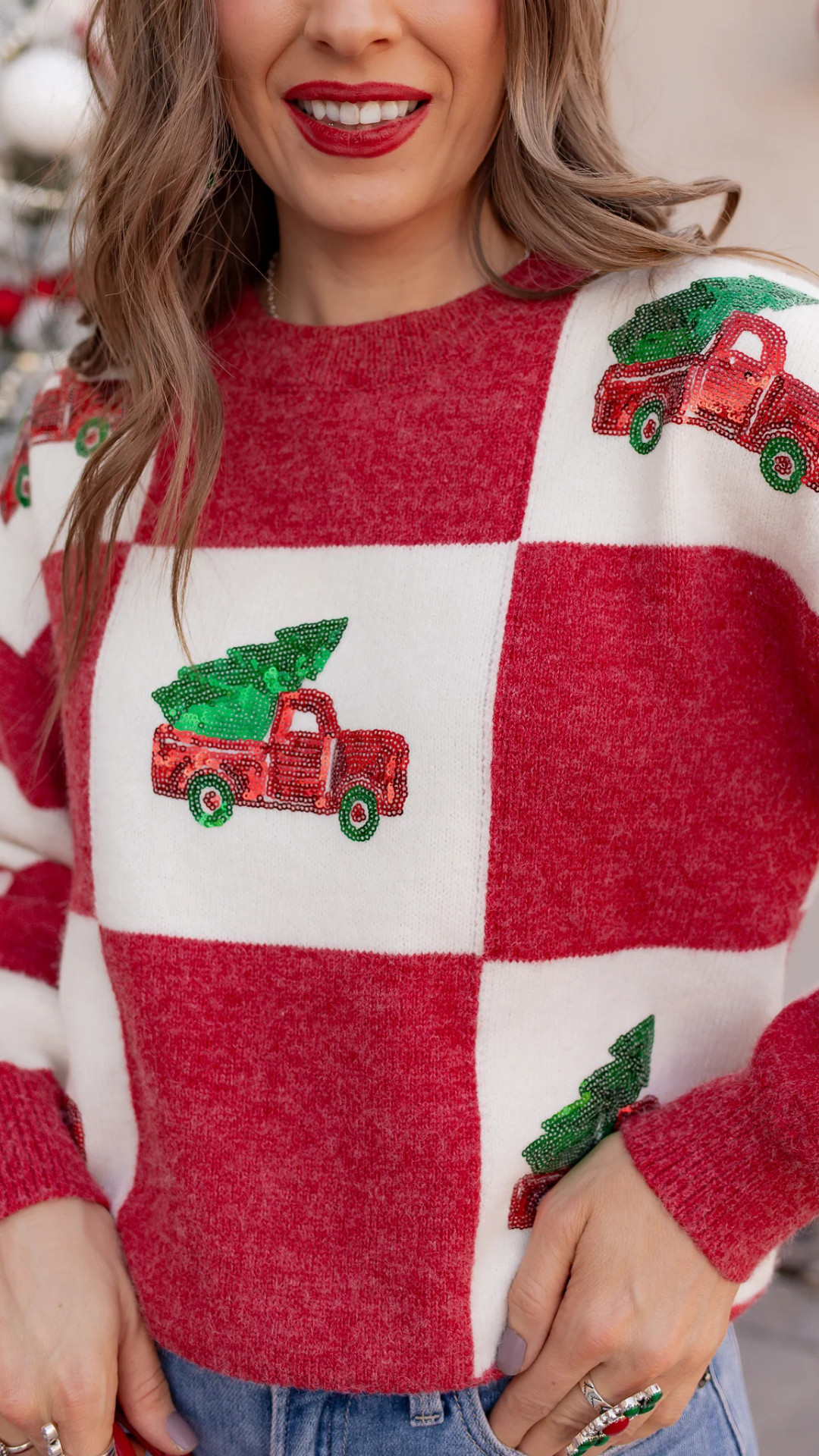 🎄 Checkered charm meets festive flair! This red-and-white knit sweater features a playful pickup truck carrying a Christmas tree — complete with sequins for extra sparkle. Cozy up in holiday style and let your outfit do the jingle-jangle. ✨
#HolidaySweater #SequinStyle #CheckeredPrint #KrushKandyFinds #ChristmasReady #FestiveFashion #CozyChic #WinterWardrobe 

 #LTKHoliday #LTKSeasonal #LTKStyleTip