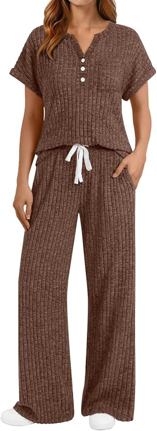 LILLUSORY Women's 2 Piece Matching Lounge Sets Summer Henley Neck Wide Leg Pants Casual Sweat Sui... | Amazon (US)