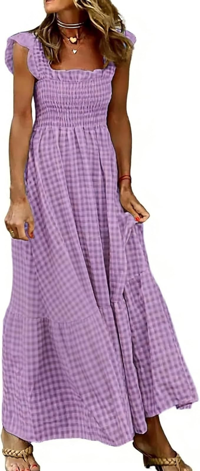 Womens Summer Short Sleeve Maxi Gingham Dress Square Neck Smocked Boho Casual Ruffle Flowy A-Line... | Amazon (US)