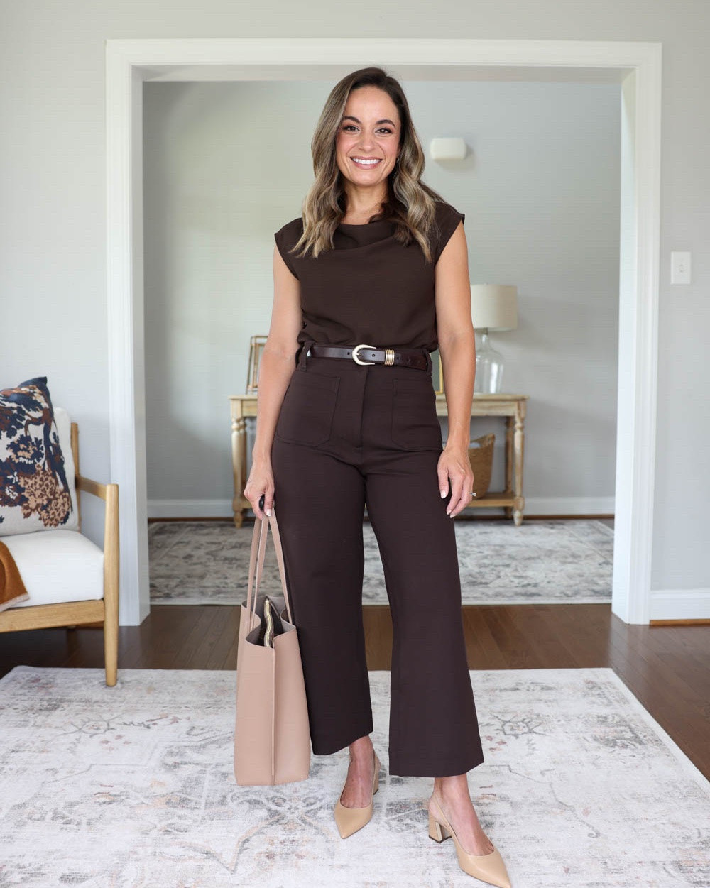 A few ways to incorporate chocolate brown into your Fall wardrobe!

Outfit 1:
Ultra-Stretch Ponte Cropped Wide Leg Pants (Quince): 0 Short (24” inseam, 11” rise) in Espresso
Draped Matte Cowl Neck Tank (Quince): XS in Coffee Bean Brown
Daphne European Leather Multi Keeper Belt (Quince): XS in Espresso
Tote (Quince)
Heels: tts

Outfit 2:
Brown pants (J.Crew Factory): petite 24 / 10” rise / 28” inseam / true to size fit
Chambray top (Madewell): xxs
Ballet flats (Sam Edelman): true to size

Outfit 3: 
Abercrombie Sloan trousers: 00 short 11.5” rise 28.25” inseam (also offered in low rise)
Top (Quince): xs - exact color is not available
Belt (Quince)
Shoes (Sam Edelman): true to size

For size comparison: 32”, 24”, 36” / 25” ankle inseam 27.5-28” full length inseam

#LTKPetite #LTKSaleAlert #LTKWorkwear