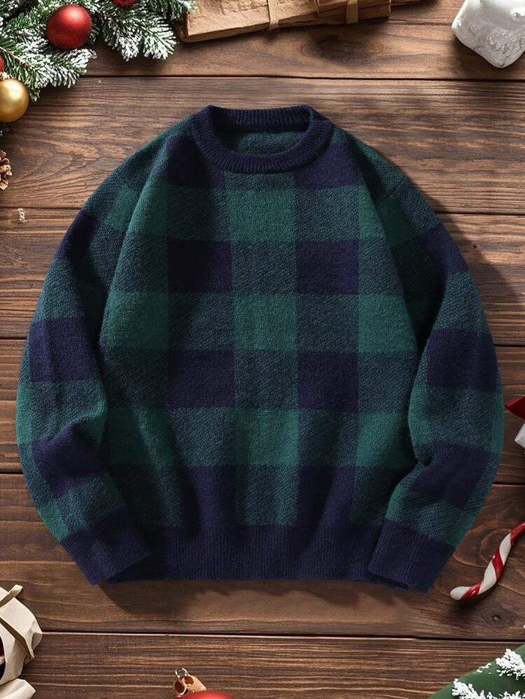Claim Dot Men's Plaid Crew Neck Long Sleeve Knit Crewneck Sweater Christmas Blue-Green British St... | SHEIN