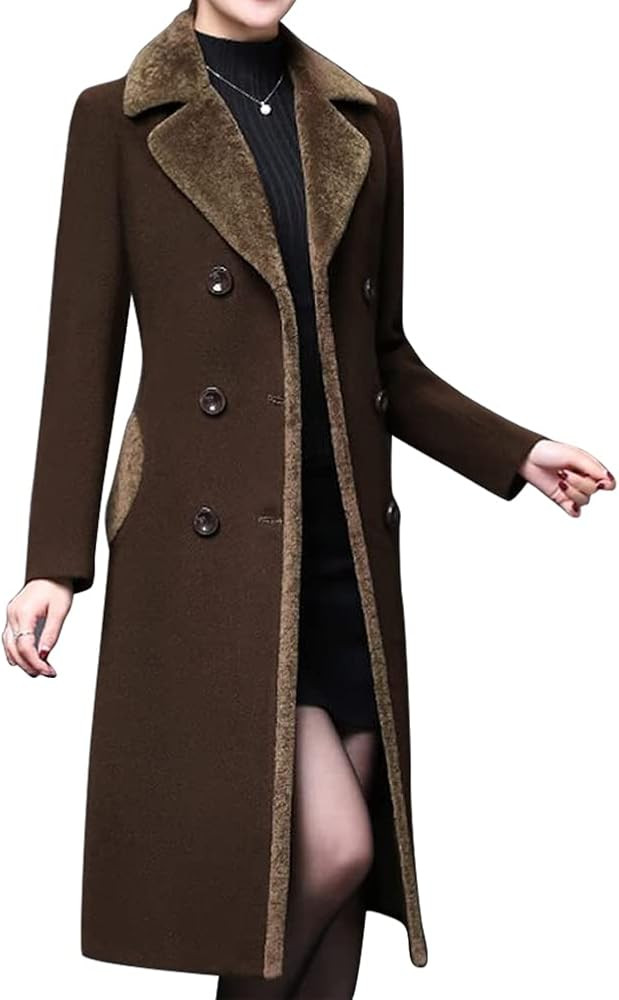 IDEALSANXUN Fur Collar Wool Coats for Women Double Breasted Long Peacoat Jackets | Amazon (US)