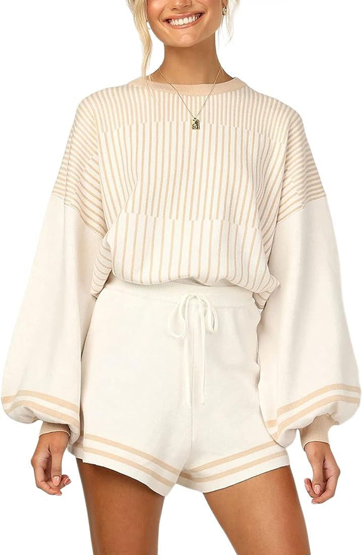 Ameliever Womens 2 Piece Outfits Striped Crewneck Knit Pullover Sweater Shorts Set | Amazon (US)