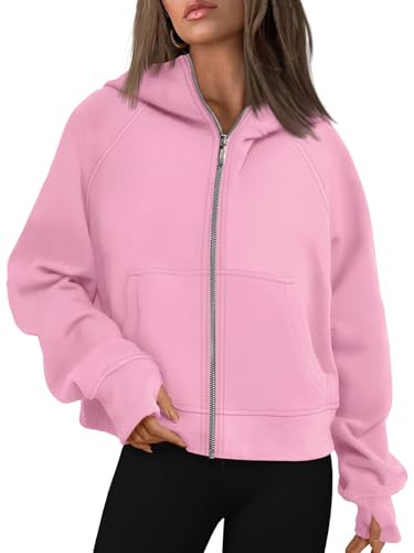 AUTOMET Womens Oversized Sweatshirts Zip Up Cropped Hoodies Fleece Jackets Full Zip Pullover Sweater 2024 Fall Fashion Outfits Trendy Winter Clothes Pink | Amazon (US)