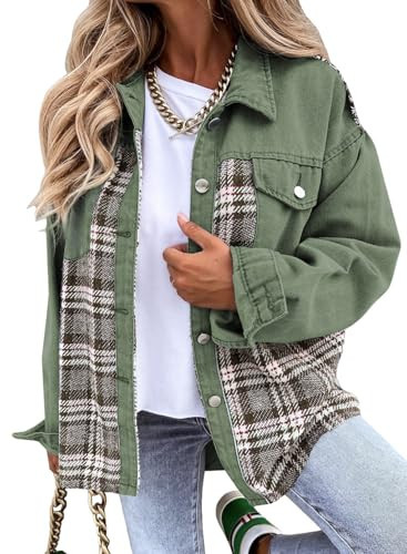 SHEWIN Denim Jacket for Women Long Sleeve Oversized jean Jacket Button Down Denim Jacket Lightweight Spring Outfits for Women 2026 Green Medium | Amazon (US)