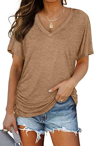 Plus Size Tops for Women V Neck Short Sleeve Tshirts Shirts for Women with Side Shirring Clothing Fashion Coffee 3XL | Amazon (US)