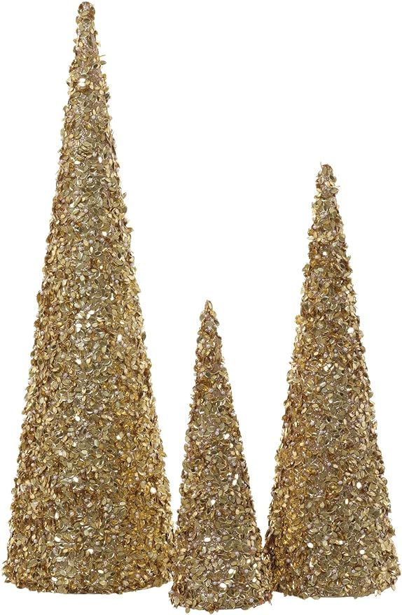 Amazon.com: Set of 3 Sparkling Gold Jeweled, Pearl and Glitter Christmas Cone Trees- 12, 17.5 and... | Amazon (US)