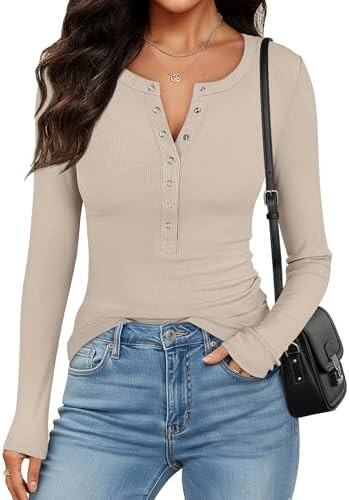 ANRABESS Ribbed Henley Long Sleeve Shirts for Women | Soft Stretch Tops, Button Down Slim Basic L... | Amazon (US)