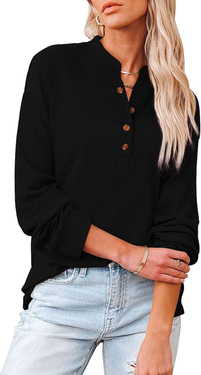 Women's V Neck Tunics Ribble Knit Tops Long Sleeve Shirts Pullover Casual Sweater Button Blouses | Amazon (US)