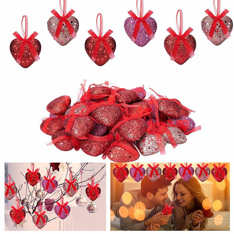 16/32 Pieces Valentine's Day Glitter Heart Shaped Hanging Ornaments, Sequin Heart Shaped Shiny Ba... | Walmart (US)