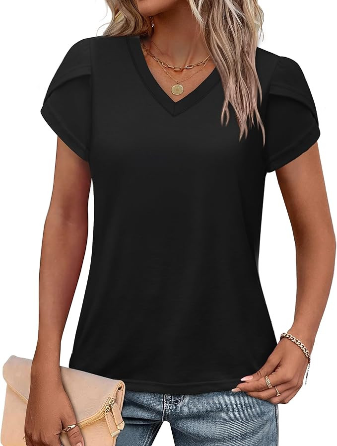 WIHOLL Womens Tops V Neck Summer Petal Sleeve Casual Tshirts | Amazon (US)