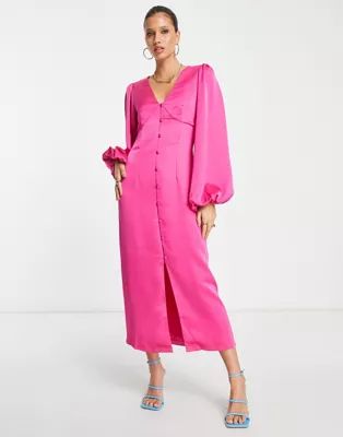 Pretty Lavish balloon sleeve satin maxi dress in millennial pink | ASOS (Global)