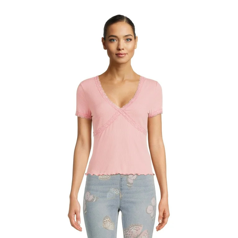 No Boundaries Juniors Lace Trim Ribbed T-Shirt, Sizes XS-XXXL | Walmart (US)