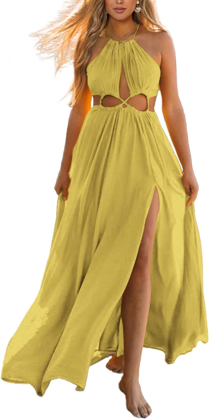 BTFBM Women 2023 Summer Sleeveless Cutout Halter Maxi Dress Backless Boho Casual Beach Party Cock... | Amazon (US)