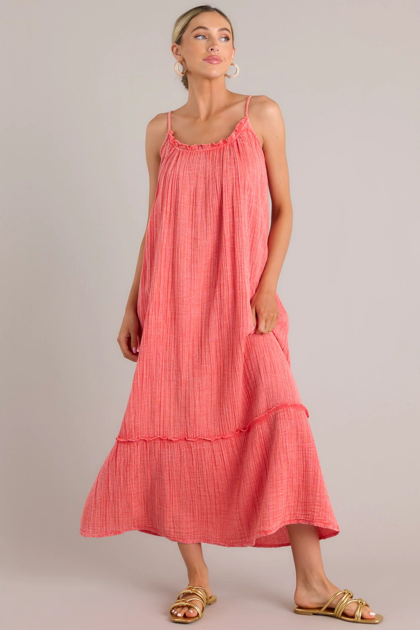 Strawberry Fields Coral 100% Cotton Gauze Maxi Dress | Red Dress