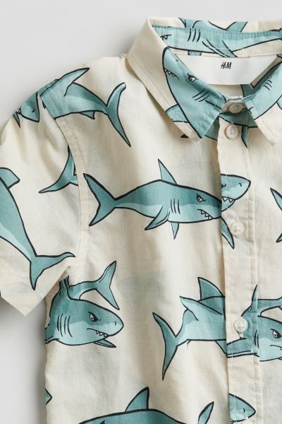 Patterned Cotton Shirt - Natural white/sharks - Kids | H&M US | H&M (US + CA)