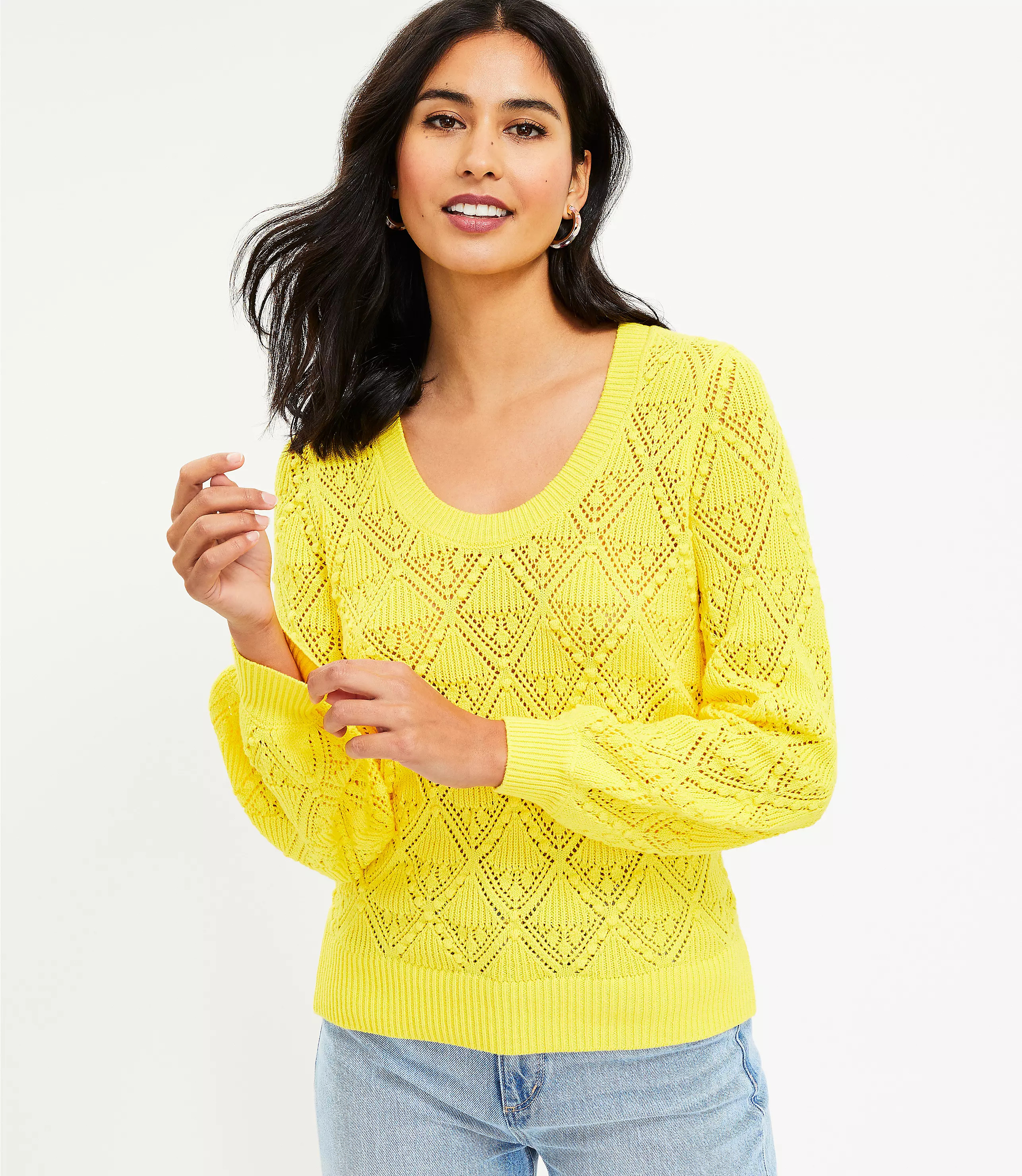 Bobble Pointelle Scoop Neck Sweater | LOFT