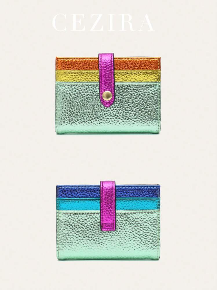 CEZIRA Fashion Metallic Color Block PU Vegan Leather Bifold Compact Wallet, Multi-Card Slots, Sli... | SHEIN