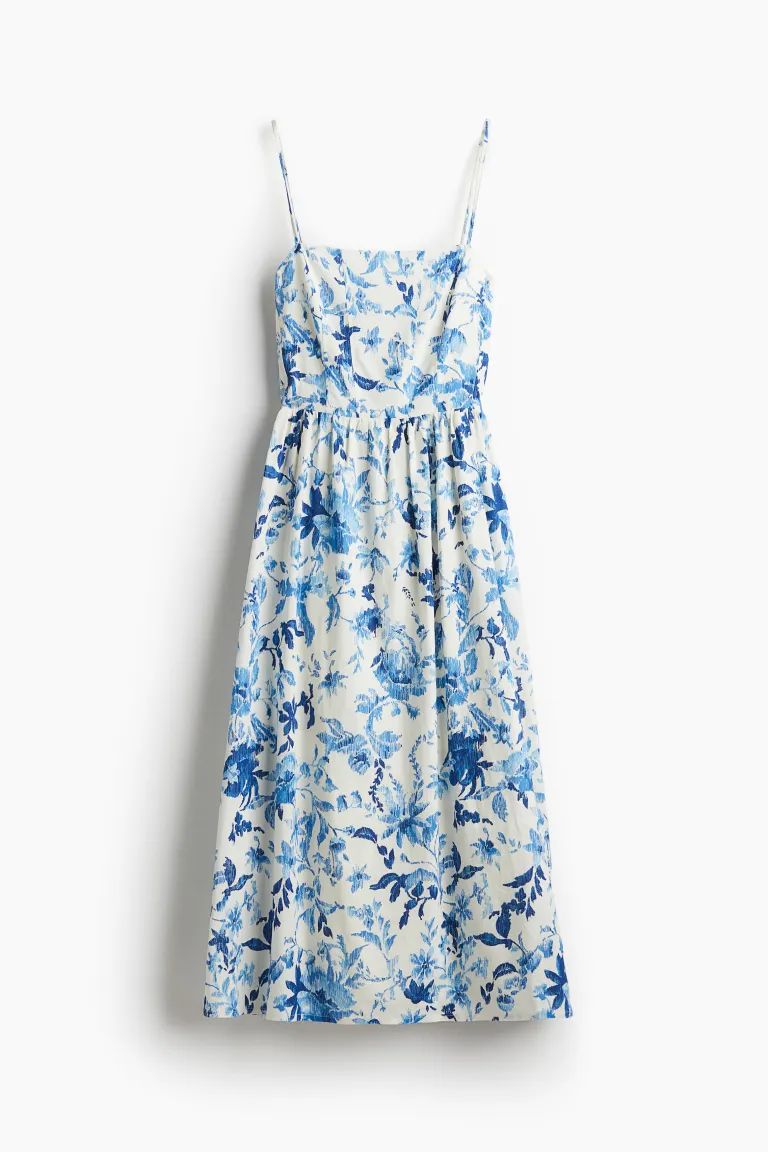 Linen-blend Midi Dress - White/blue floral - Ladies | H&M US | H&M (US + CA)