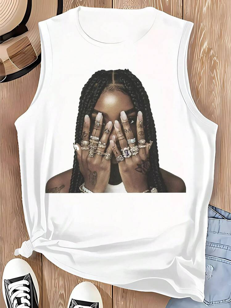 Cartoon Print Tank Top For Women - Stretchy, Easy-Care Polyester & Spandex Blend, Perfect For Casual Attire | SHEIN